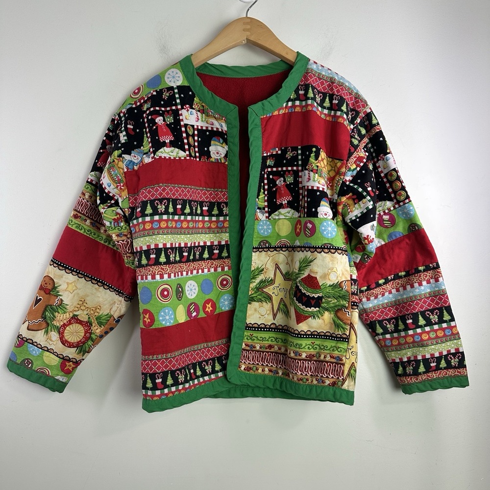 Quilted Womens Blazer Open Front Jacket Womens M Patchwork Christmas Holiday